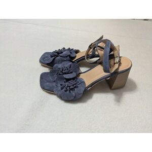 Sundance Leather Block Heel Sandals Blue Floral Ankle Strap Women 39 8.5 Formal